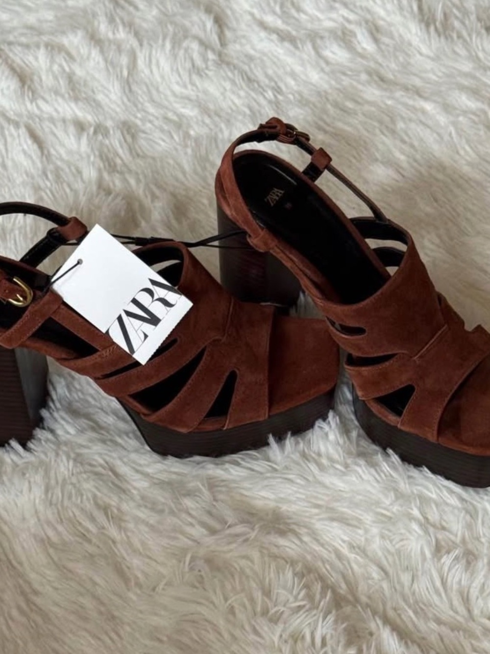Zara  New Brown Suede Platform Heels Sandals | Chunky High Heel | Size 39 / US 8